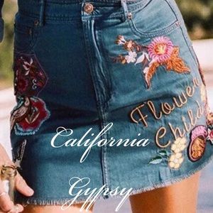 Gypsy patches distressed denim embroidered skirt